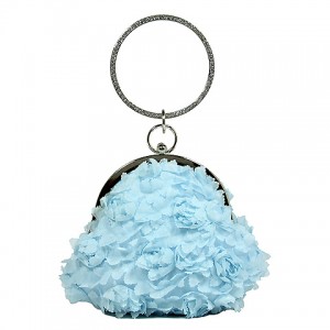 Evening Bag - 12 PCS - Chiffon Rosettes w/ Rhinestone Ring Wristlet - Blue - BG-100187BL